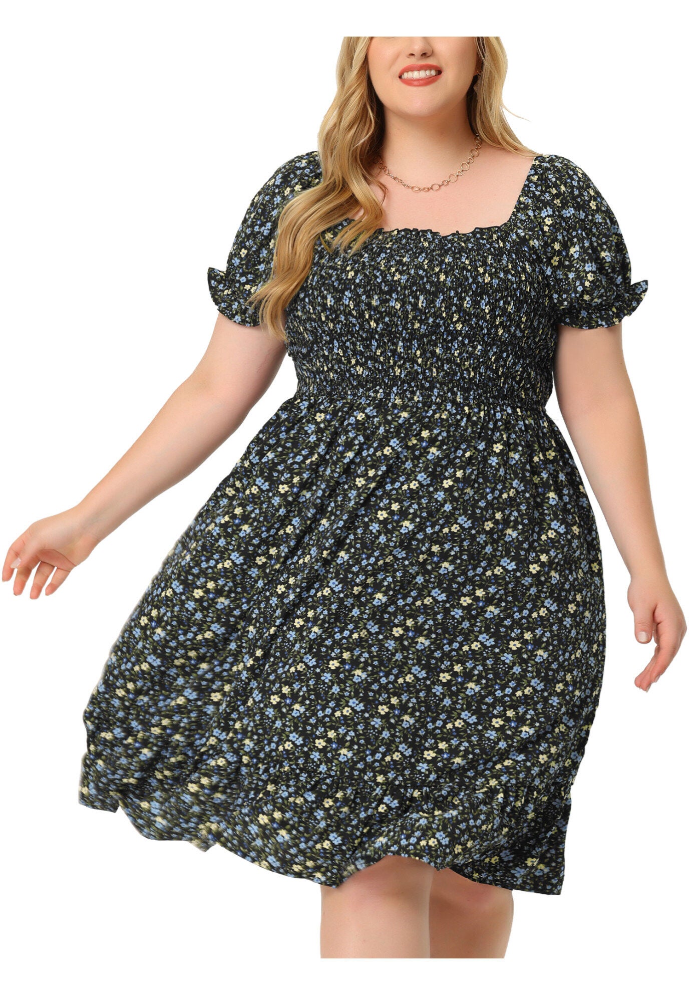Ruffle Short Sleeve Flared Flowy Smock Floral Print Dress, Black / Black, alternate image number 2