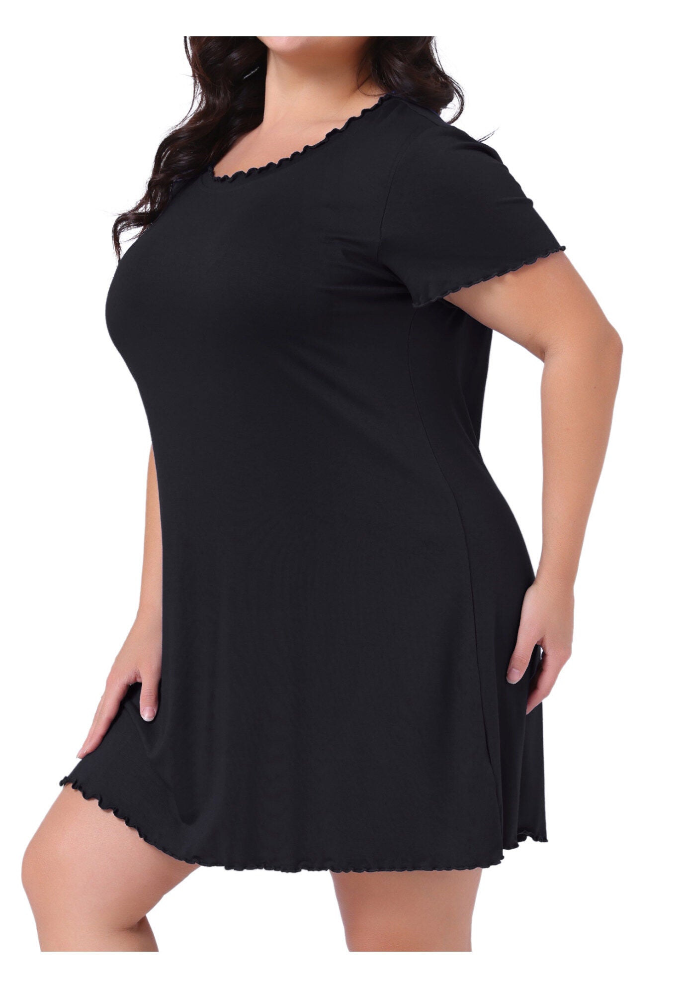 Short Sleeve Ruffle Casual Loose Pajama Dress, Black / Black, alternate image number 1