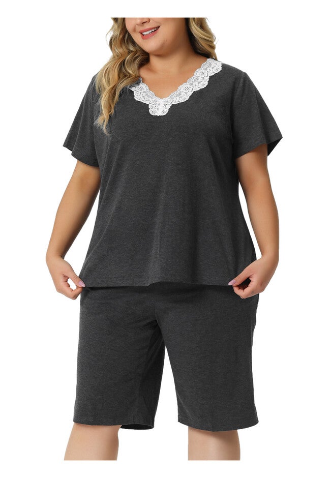 Short Sleeve Top and Pants Sleepwear Pajamas Set, Dark Gray / Charcoal Grey, alternate image number 1