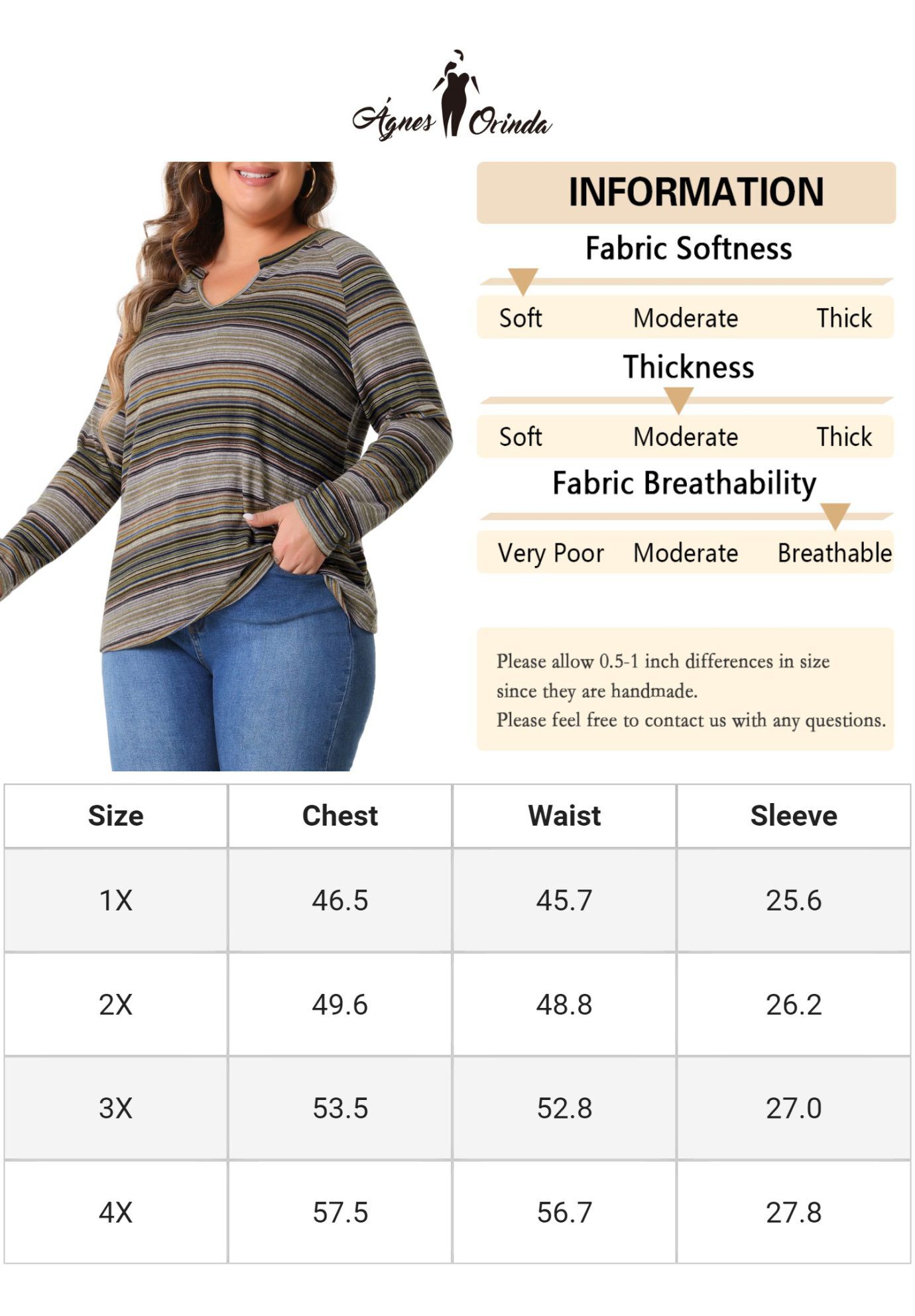 Long Sleeve T-Shirt Notch V Neck Blouse, Green / Brown, alternate image number 4