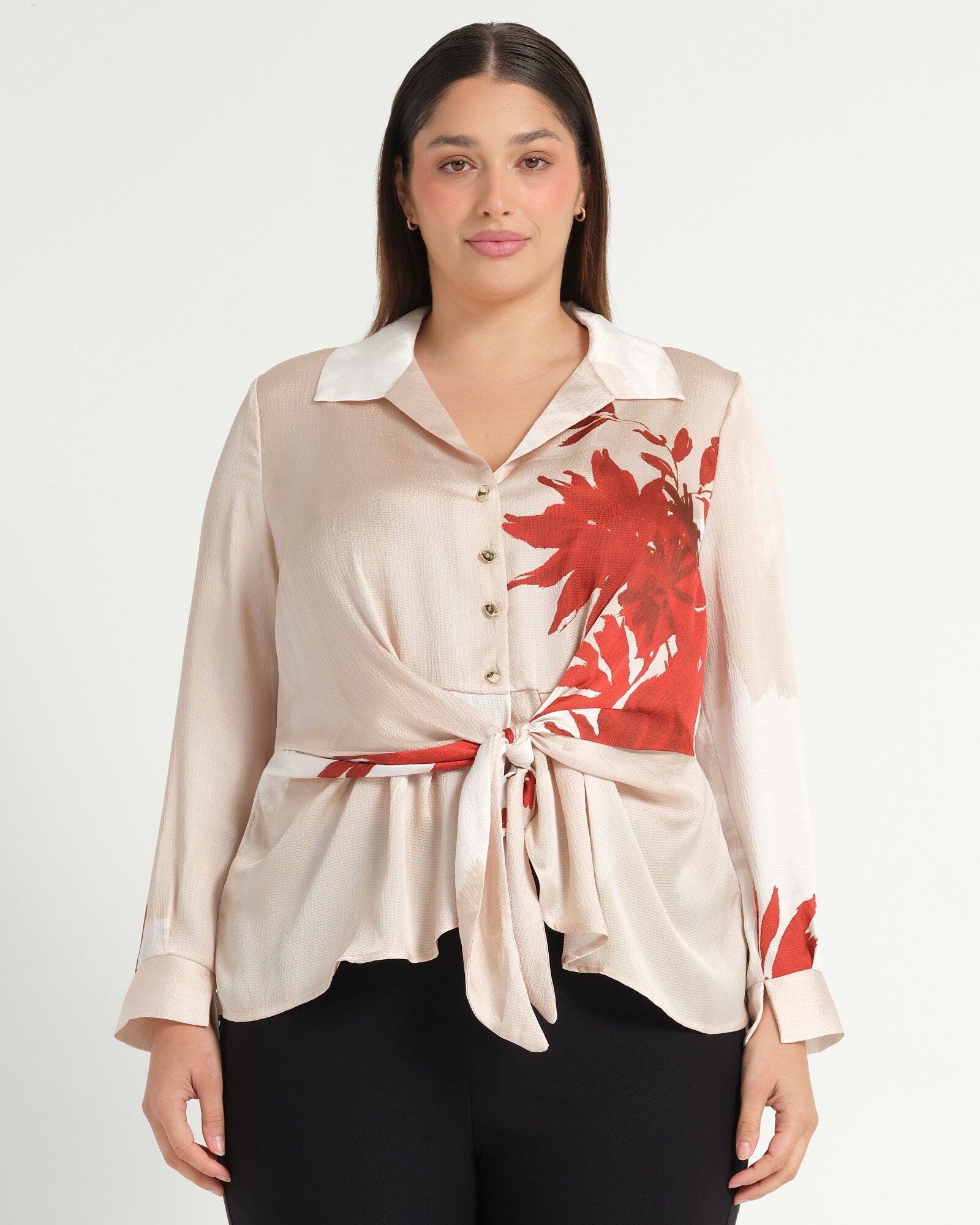 Maisie Long Sleeve Tie Shirt, Natural Rosa / Red, hi-res image number 0