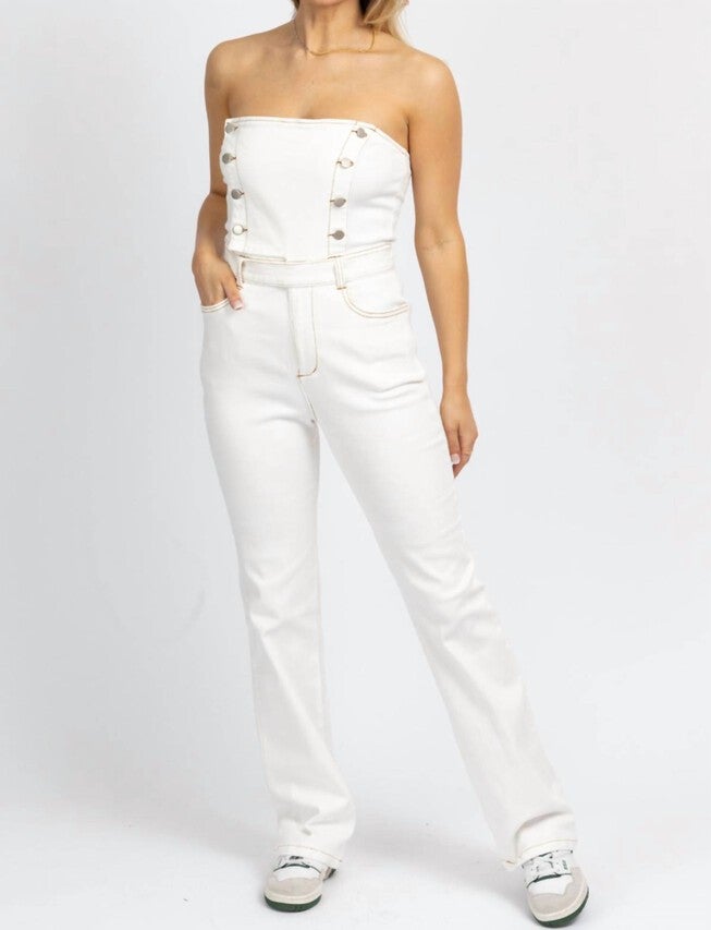 Strapless Denim Jumpsuit In Off White, Off White / White, hi-res image number null