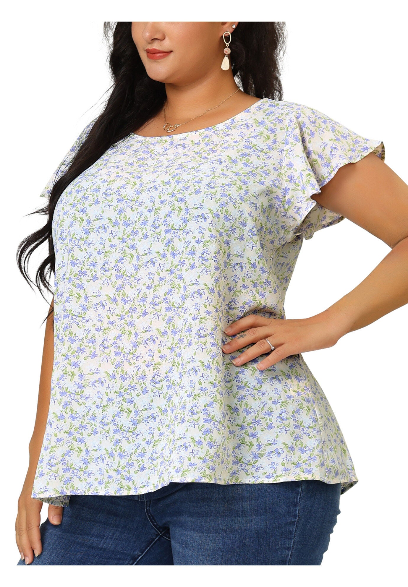Summer Top Floral Round Neck Short Sleeves Ruffle Blouse, Light Purple / Purple, alternate image number 1