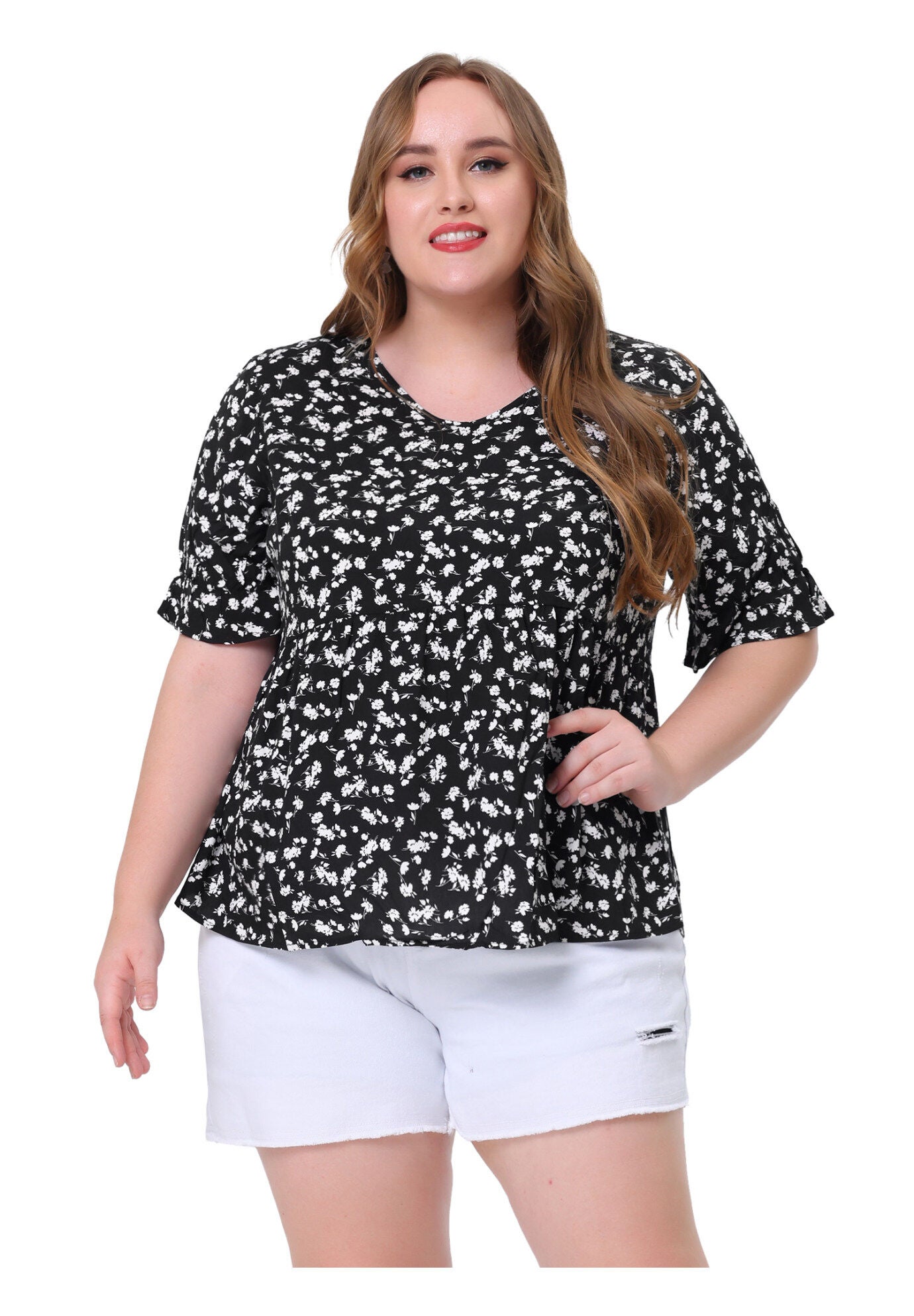 Floral Peplum Top V Neck Ruffle Short Sleeve Babydoll Blouse, Black / Black, hi-res image number 0