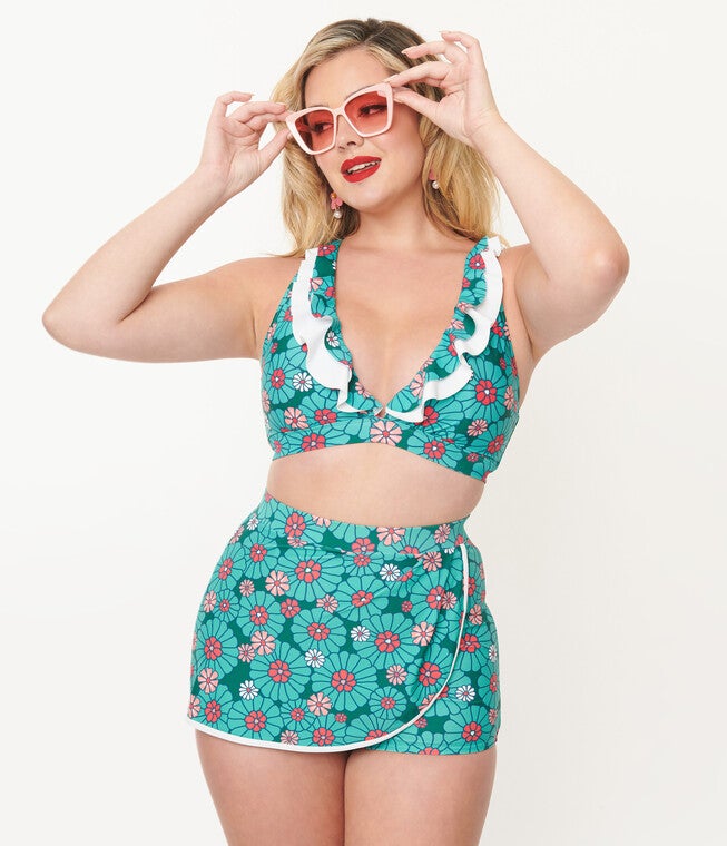 Unique Vintage Teal Flower Child Halter Swim Top, Teal Flower Child / Teal, hi-res image number null