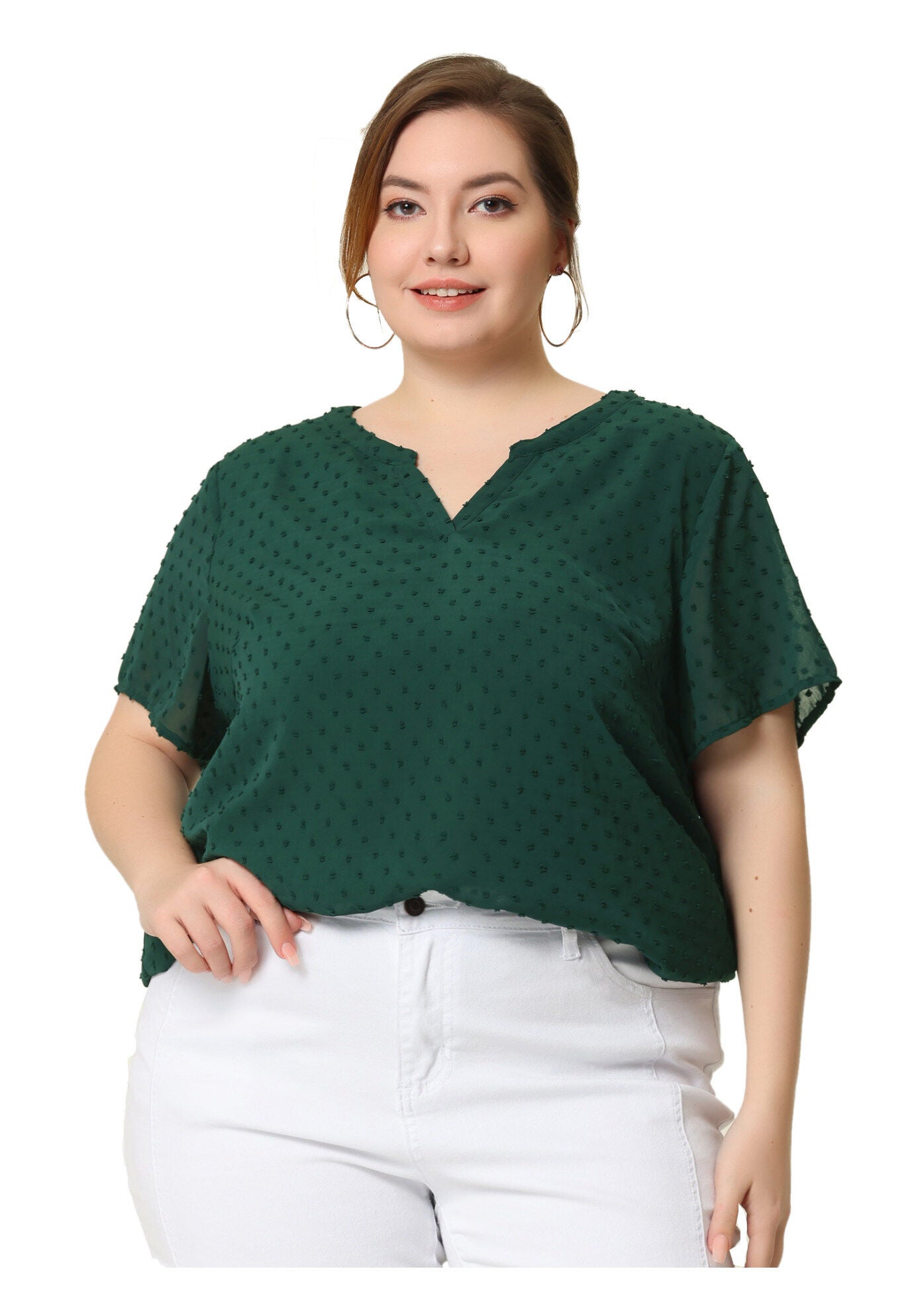 Swiss Dots Notched Neck Short Sleeve Basic Blouse, Dark Green / Hunter Green, hi-res image number 0