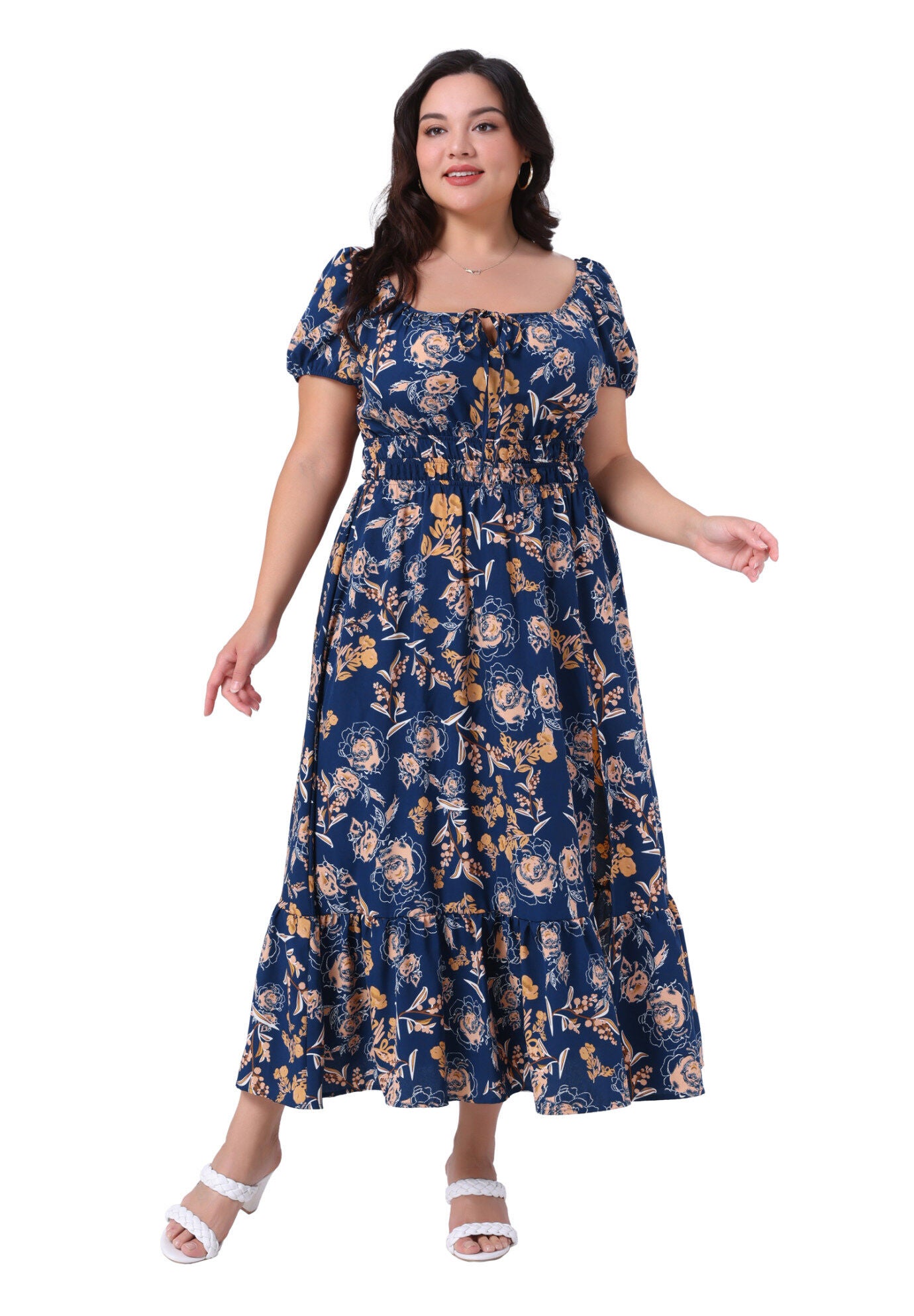 Square Neck Floral Short Sleeve Side Slit A Line Maxi Floral Dress, Navy Blue / Navy, hi-res image number 0