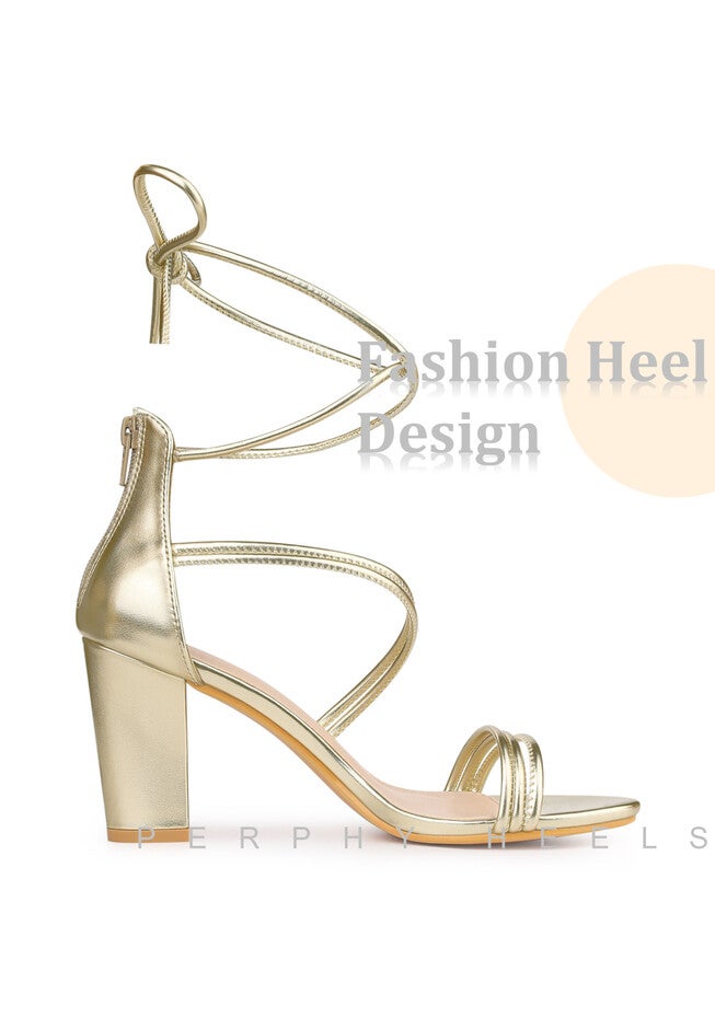 Open Toe Strappy Lace Up Chunky Heel Sandals, Gold / Gold, alternate image number 3