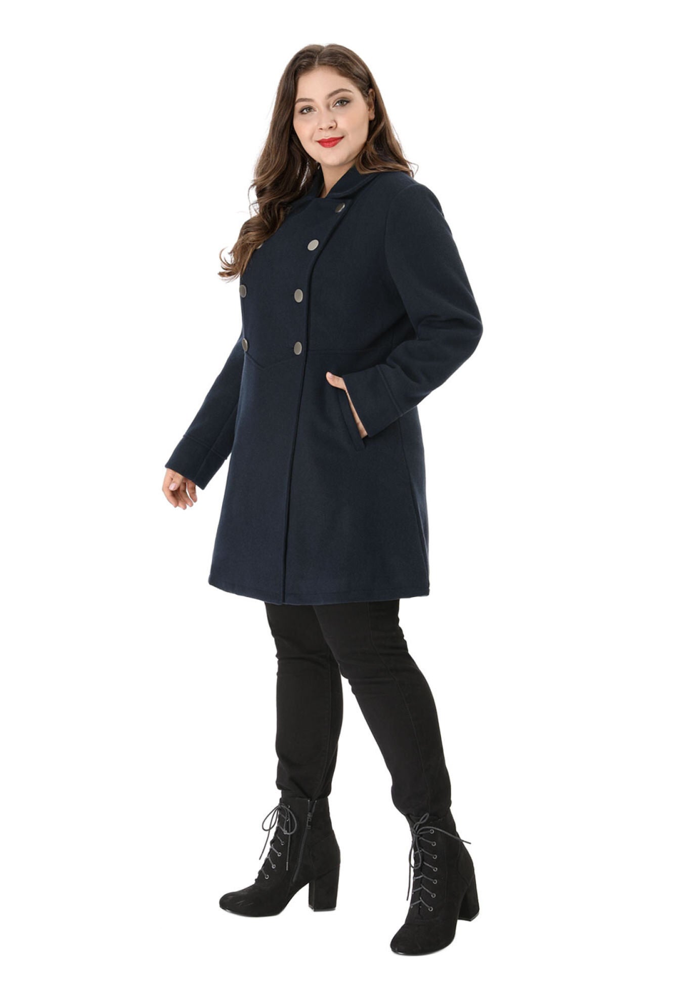 A-Line Peter Pan Collar Double Breasted Peacoat, Navy Blue / Navy, alternate image number 3