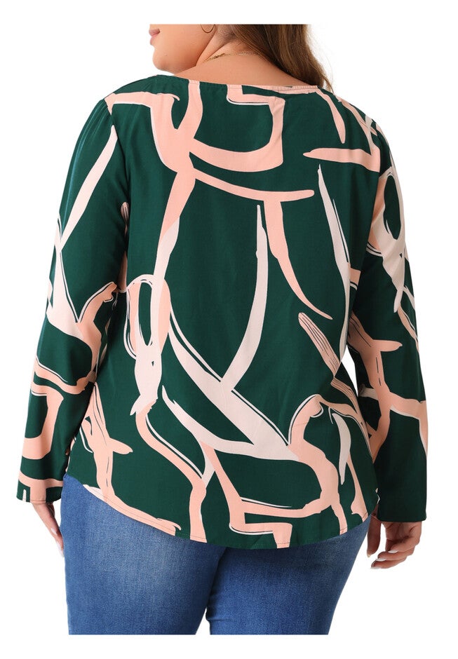 V Neck Long Sleeve Printed Shirt Blouse, Green / Forest Green, alternate image number 2