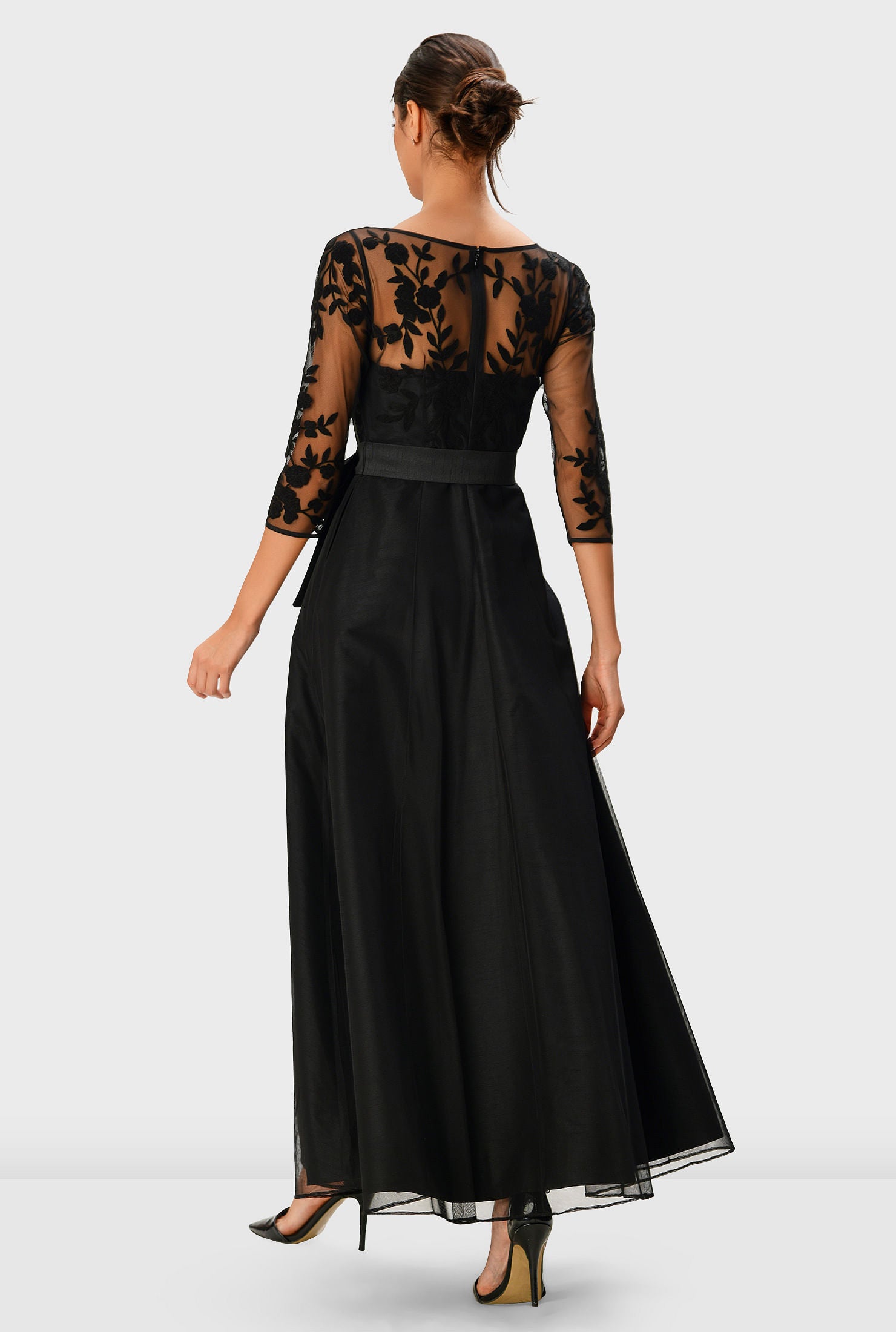 Floral Embroidery Illusion Tulle And Dupioni Dress, Black / Black, alternate image number 2