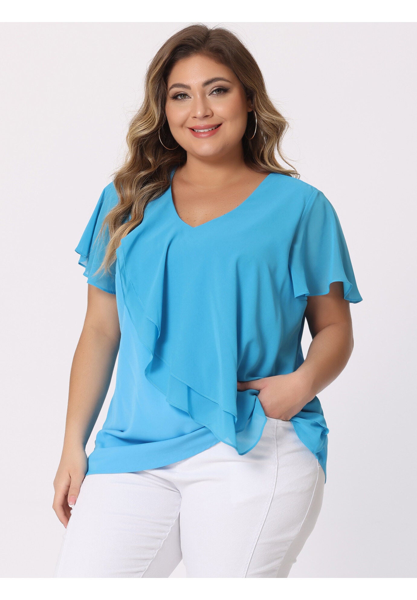 Flutter Sleeves Blouse V Neck Layer Chiffon Ruffle Top, Blue / Azure Blue, alternate image number 1