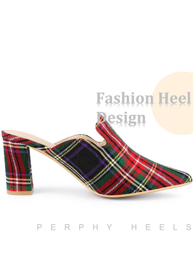 Pointed Toe Slip on Chunky Heels Houndstooth Slide Mules, Red Green / Red, alternate image number 2