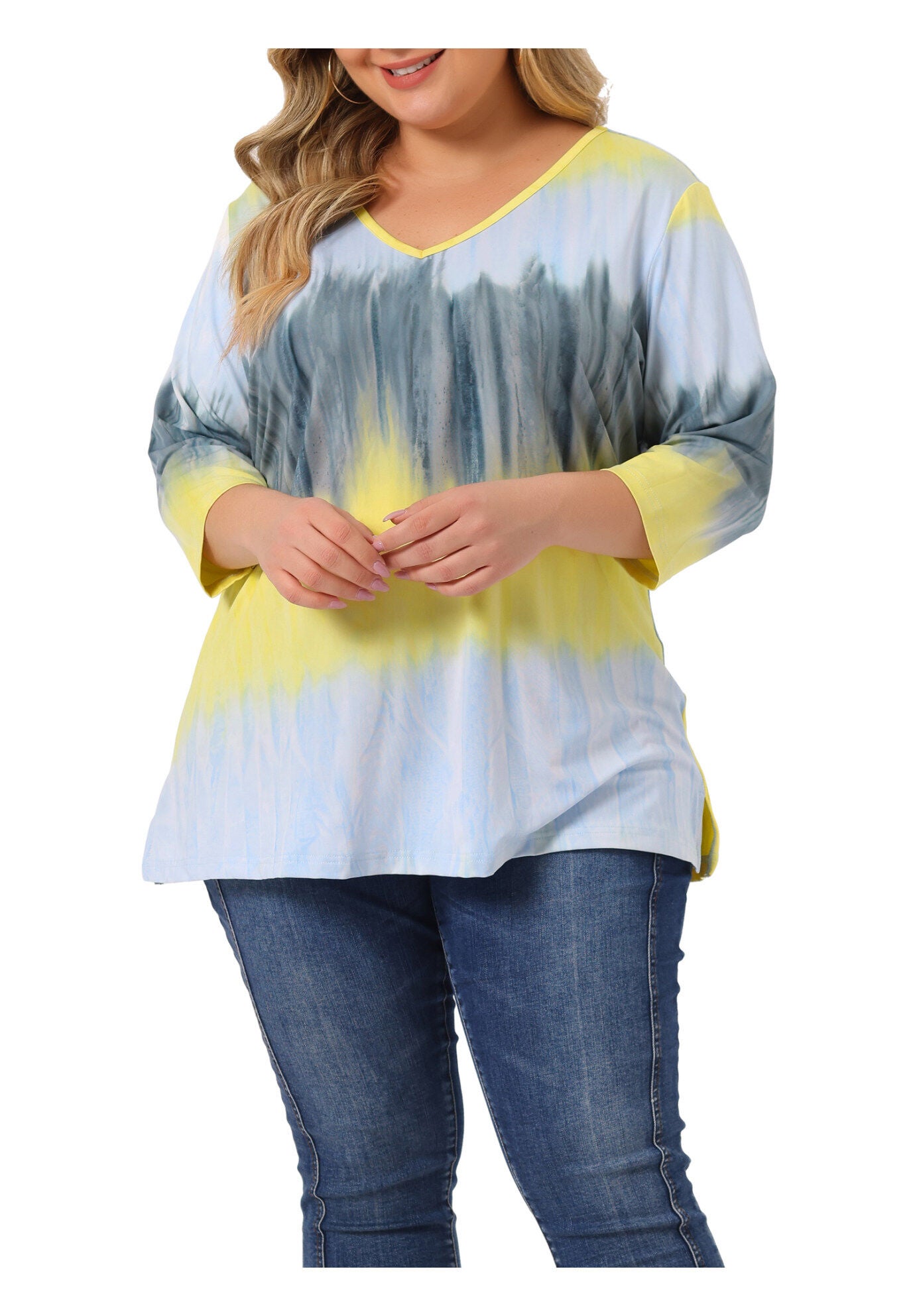 V Neck 3/4 Sleeve Loose Casual Striped Tie Dye Print T-Shirt Top, Gray Yellow / Dusty Blue, alternate image number 2