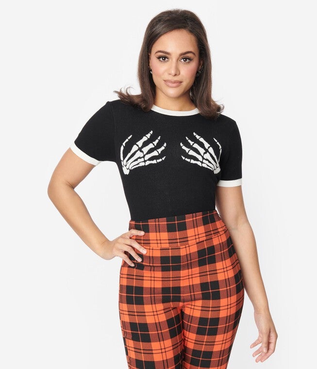 Unique Vintage Black & White Skeleton Hand Sweater, Black / Black, hi-res image number null