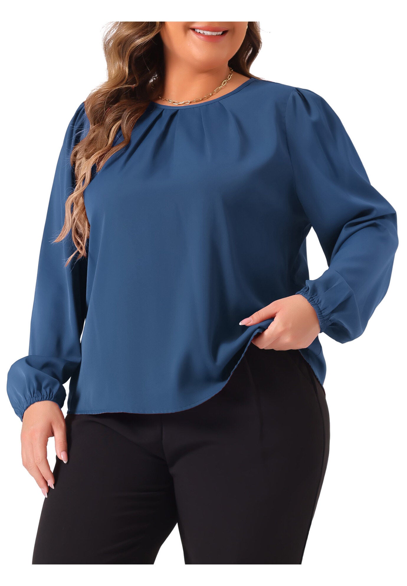 Crew Neck Pleated Work Office Long Sleeve Blouse, Blue / Dusty Blue, alternate image number 1