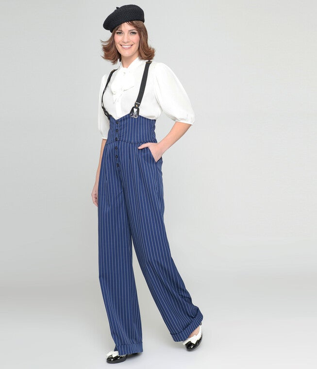 Unique Vintage Navy & White Pinstripe Thelma Suspender Pants, navy and white Stripes / Navy, alternate image number 1