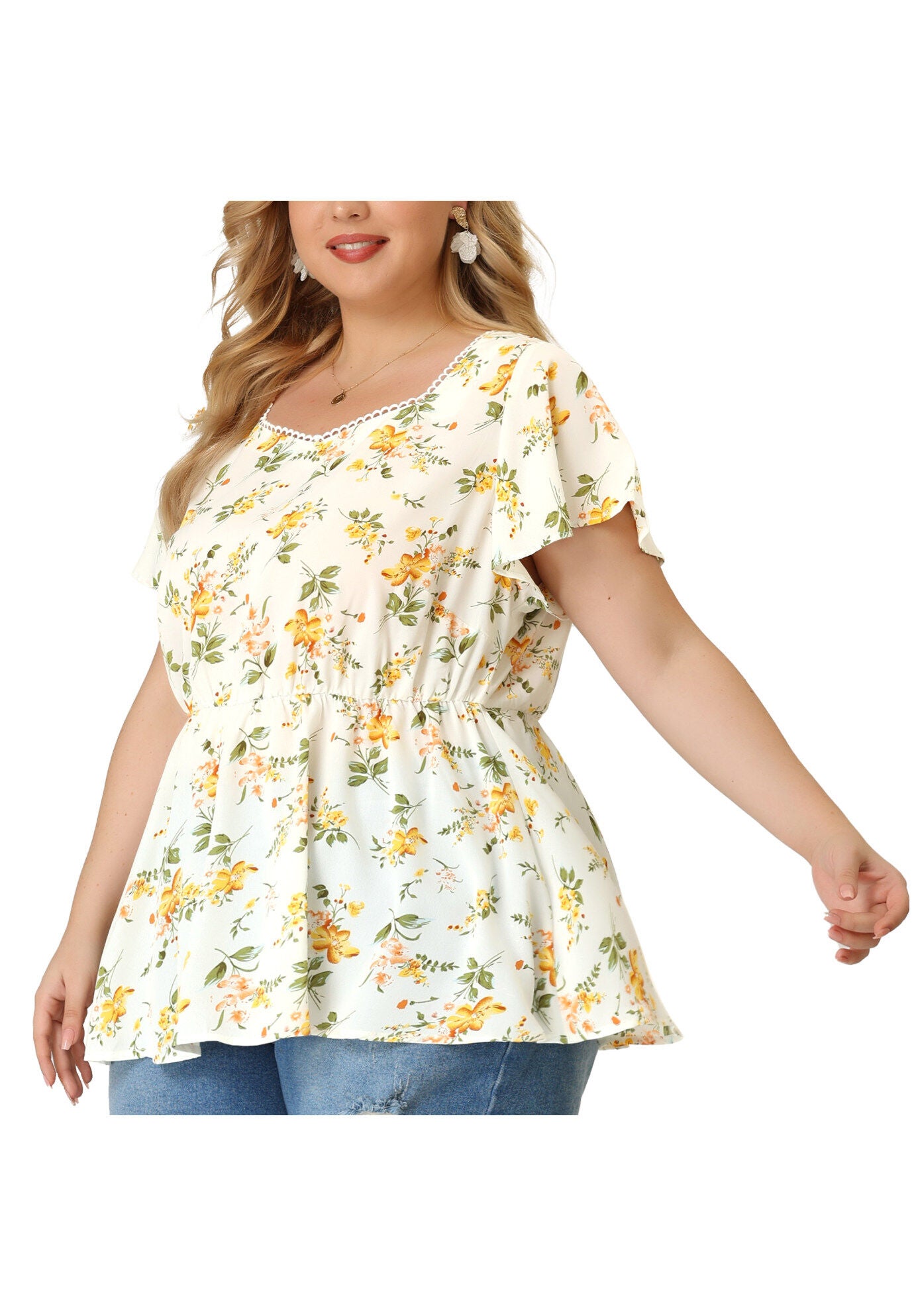 Peplum Top Flare Short Sleeve Sweetheart Neck Summer Floral Blouse, White / White, alternate image number 1
