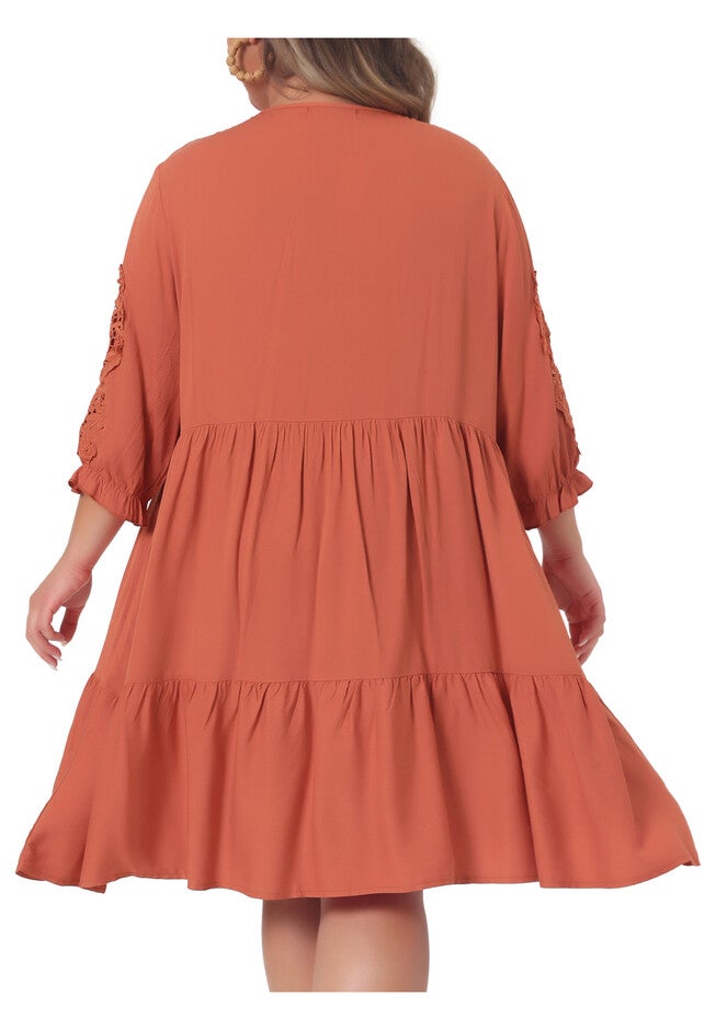 TIE NECK LACE SLEEVE RUFFLE MIDI FLOWY DRESS, Orange / Burnt Orange, alternate image number 3