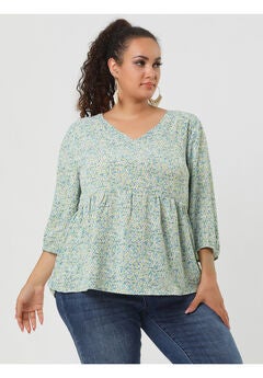 V Neck Babydoll Flowy 3/4 Lantern Sleeve Floral Blouse