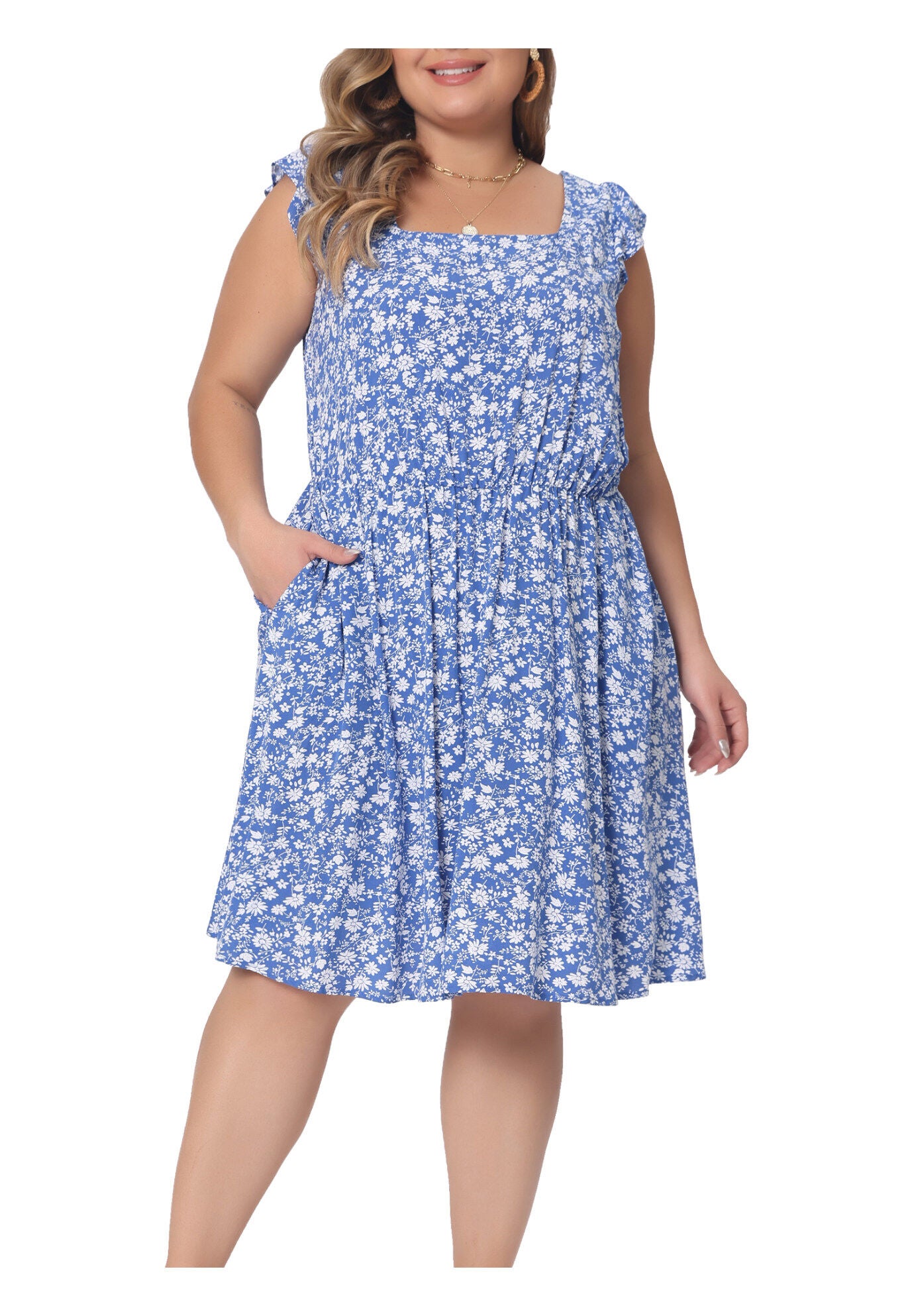 Summer Square Neck Ruffle Short Sleeve Midi Dress, Blue / Cornflower Blue, alternate image number 4