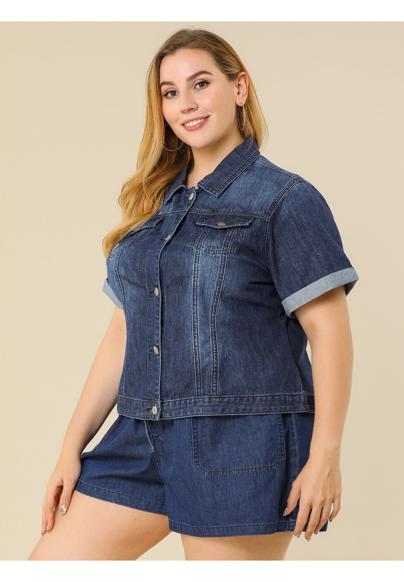 BUTTON FRONT CROP JEAN SHORT SLEEVE DENIM JACKET, Navy Blue / Navy, alternate image number 3