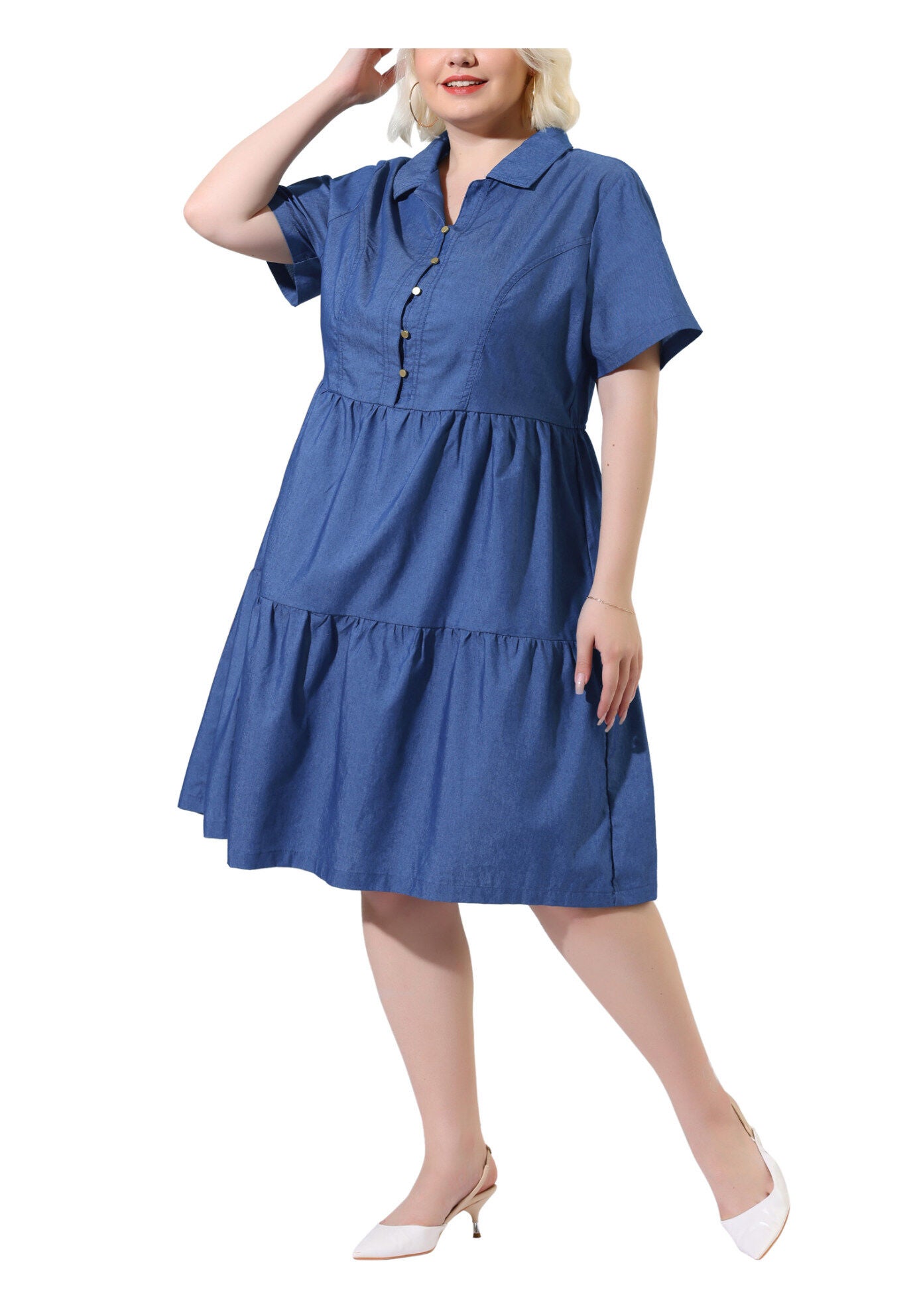 Short Sleeve Button Down Flowy Tiered Shirt Chambray Dress, Light Blue / Light Blue, alternate image number 2