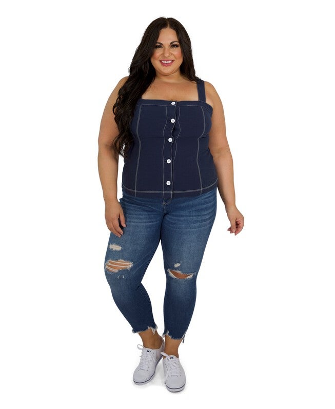 Linen Button Front Top, Navy / Navy, alternate image number null