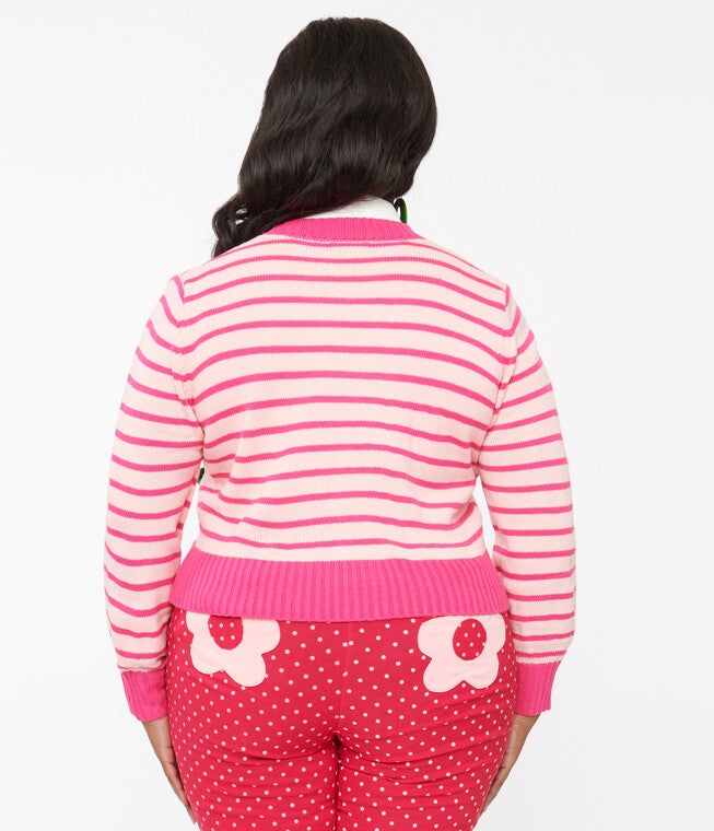 Smak Parlour 1960s Pink Stripes & Strawberry Pocket Cardigan, Pink Stripes Strawberry / Pink, alternate image number null