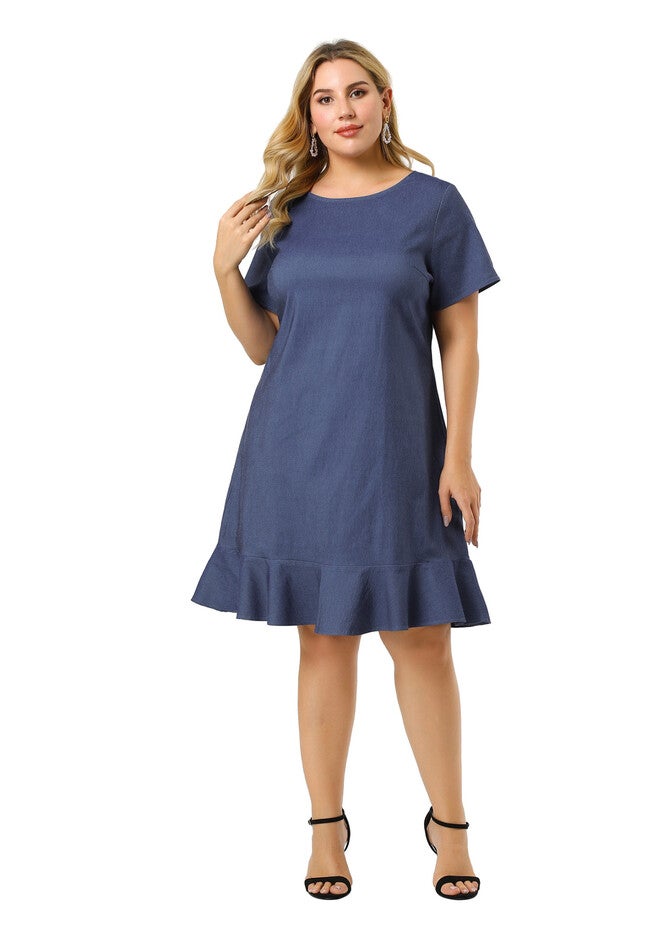 Ruffle Hem Casual Short Sleeve Chambray Dress, Blue / Chambray Denim Medium, alternate image number 3