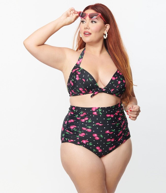 Unique Vintage Black & Hot Pink Cherry Pin Dot Monroe Swim Top, , alternate image number null