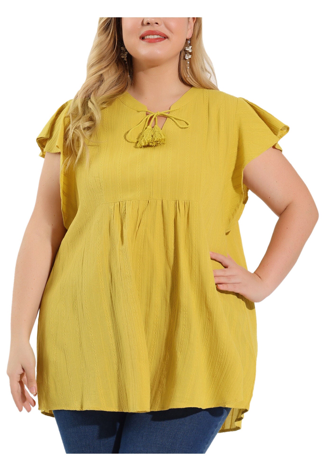 V NECK TASSEL SELF TIE FLUTTER BLOUSE, Ginger / Yellow, alternate image number 2