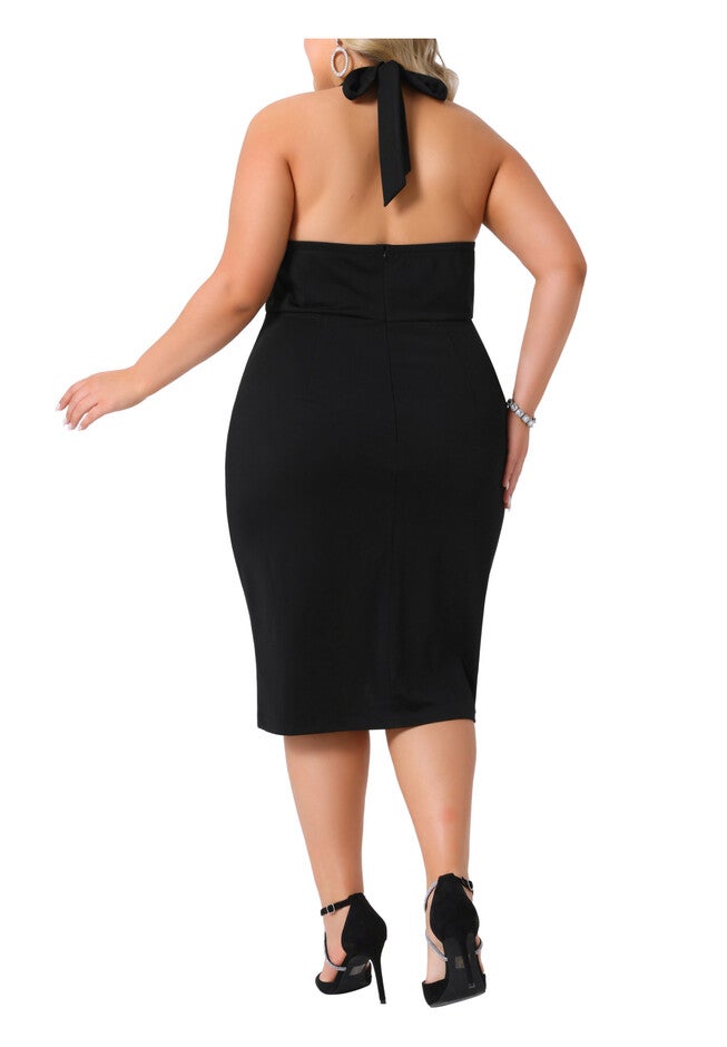 Halter Neck Sleeveless Wrap Front Ruched Bodycon Cocktail Dress, Black / Black, alternate image number 2