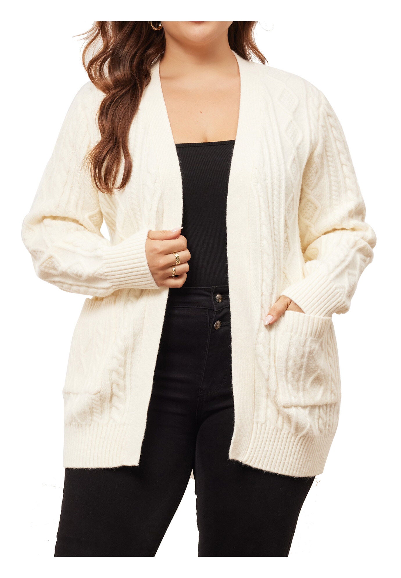 OPEN FRONT LIGHTWEIGHT SWEATER CARDIGAN WITH POCKETS, Apricot / Cream, alternate image number 3