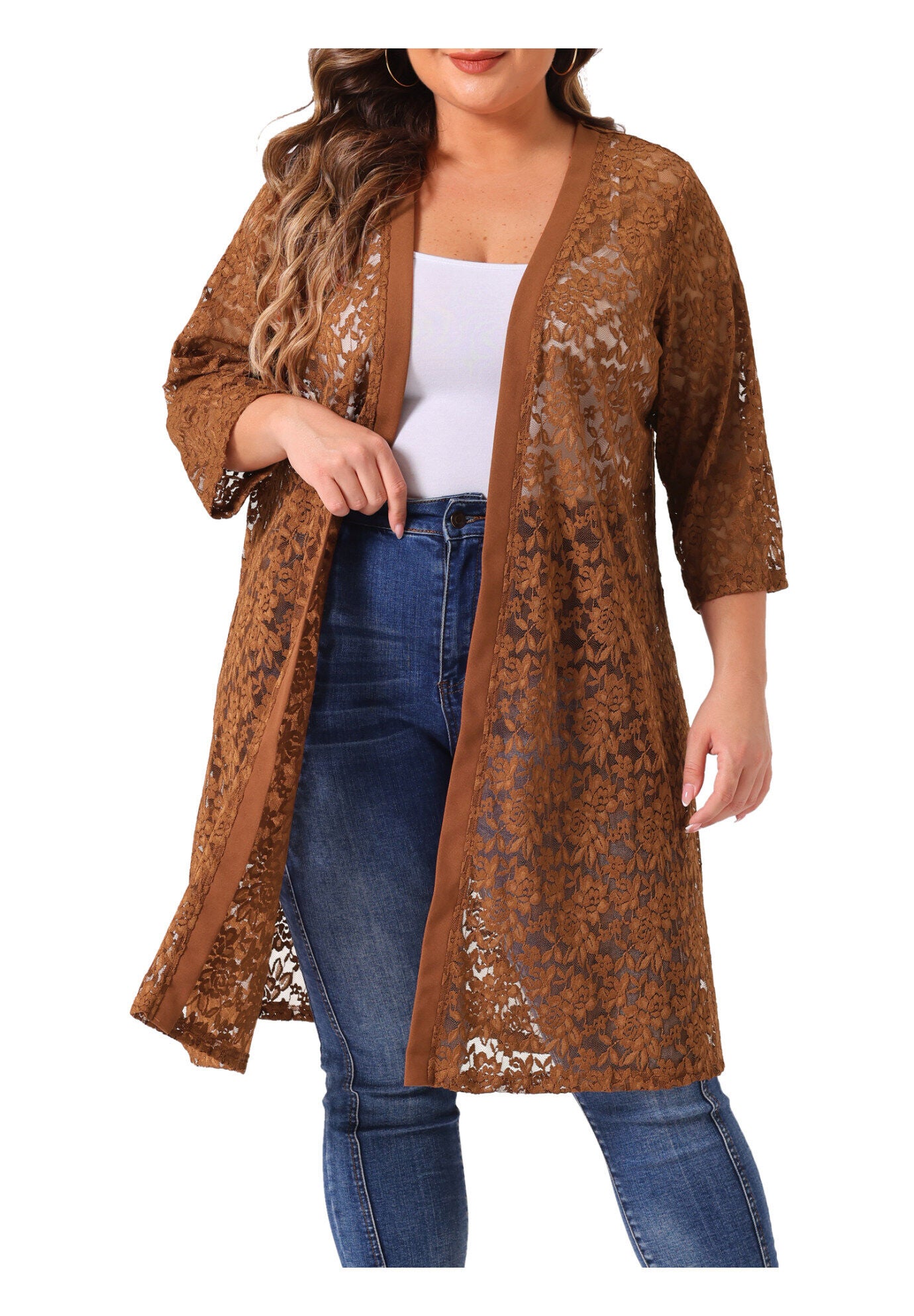 LACE CROCHET 3/4 SLEEVE COVER UP CARDIGAN, Brown / Brown, hi-res image number 0