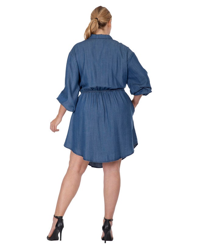 Nora Women's Plus Size Buttoned Down Elastic Waist Shirt Dress, Rinse Blue / Medium Wash, alternate image number null