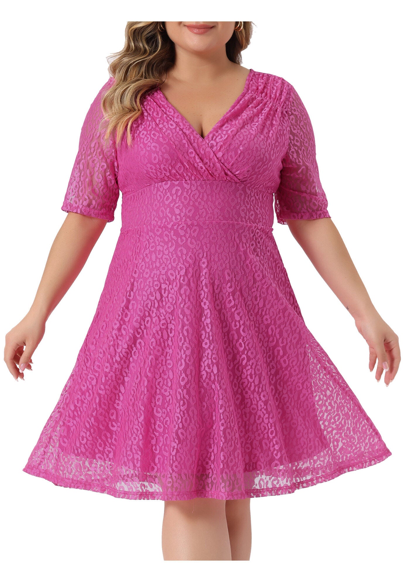 Lace Swing A-Line Cocktail Midi Dress, Hot Pink / Deep Fuchsia, alternate image number 2