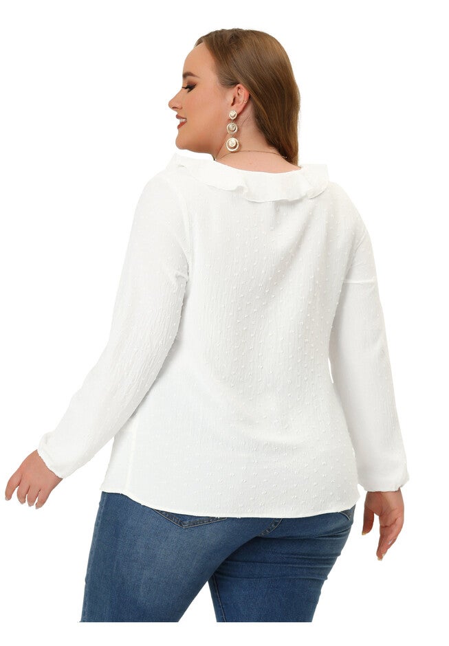 Swiss Dot Top Lantern Sleeve V Neck Casual Work Shirt Ruffle Blouse, White / White, alternate image number 3