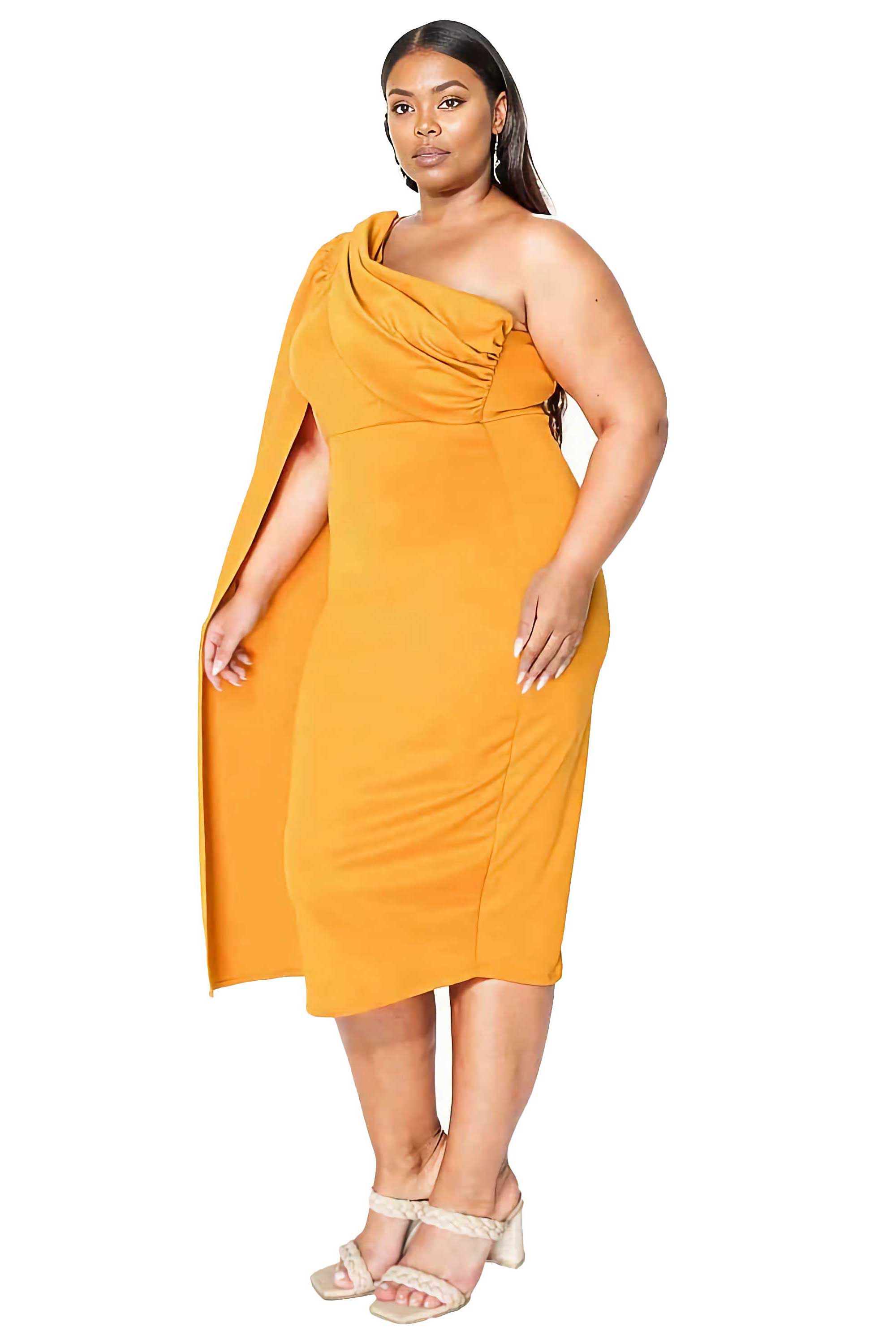 SPADE ONE SHOULDER CAPE DRESS, Mustard / Mustard, alternate image number 1