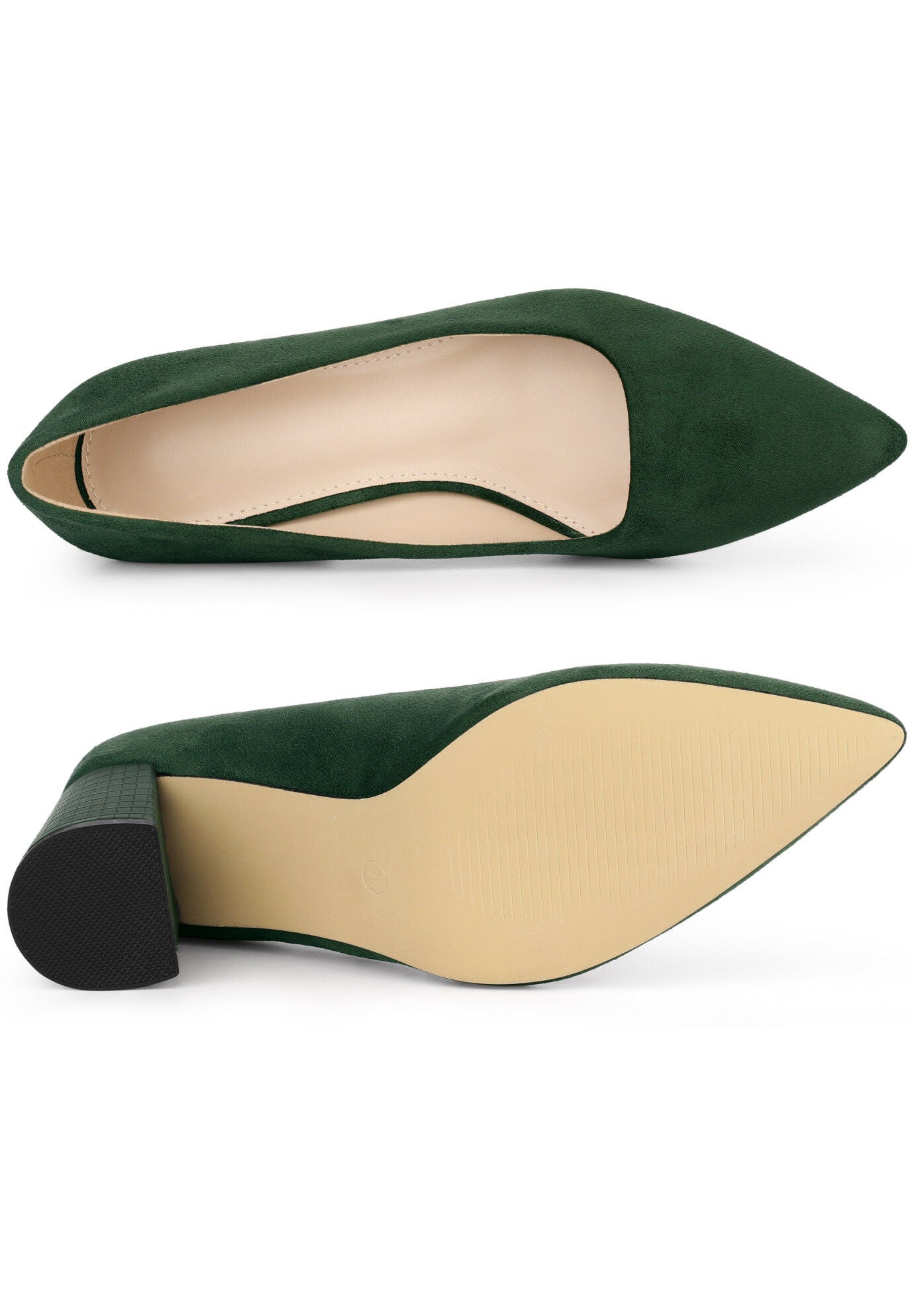 Pointy Toe Slip on Plaid Chunky Heel Dress Pumps, Green / Hunter Green, alternate image number 3