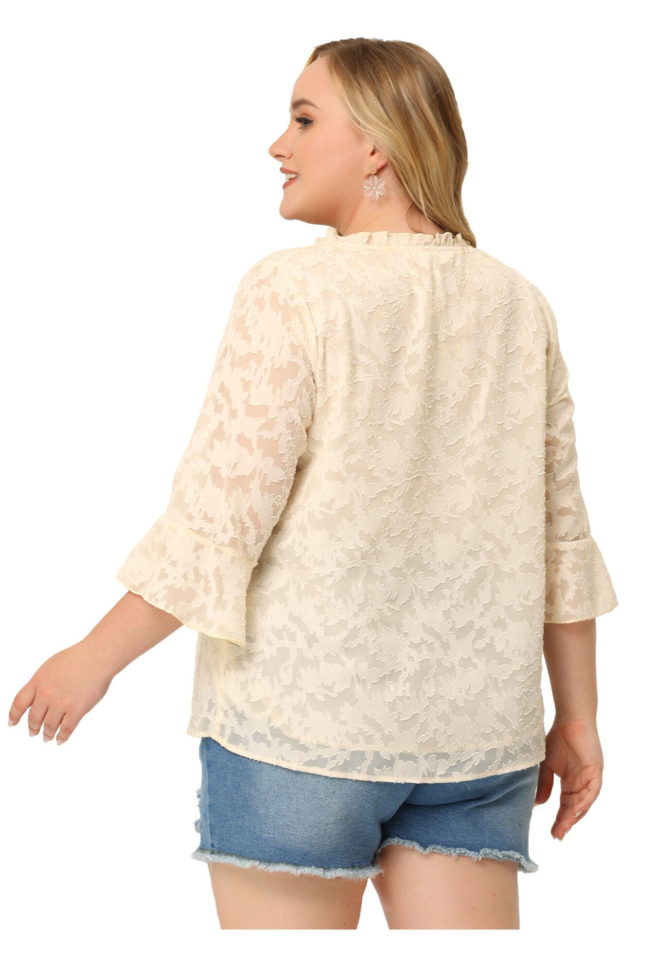 Ruffle V Neck 3/4 Bell Sleeve Semi Sheer Blouse, Apricot / Cream, alternate image number 3