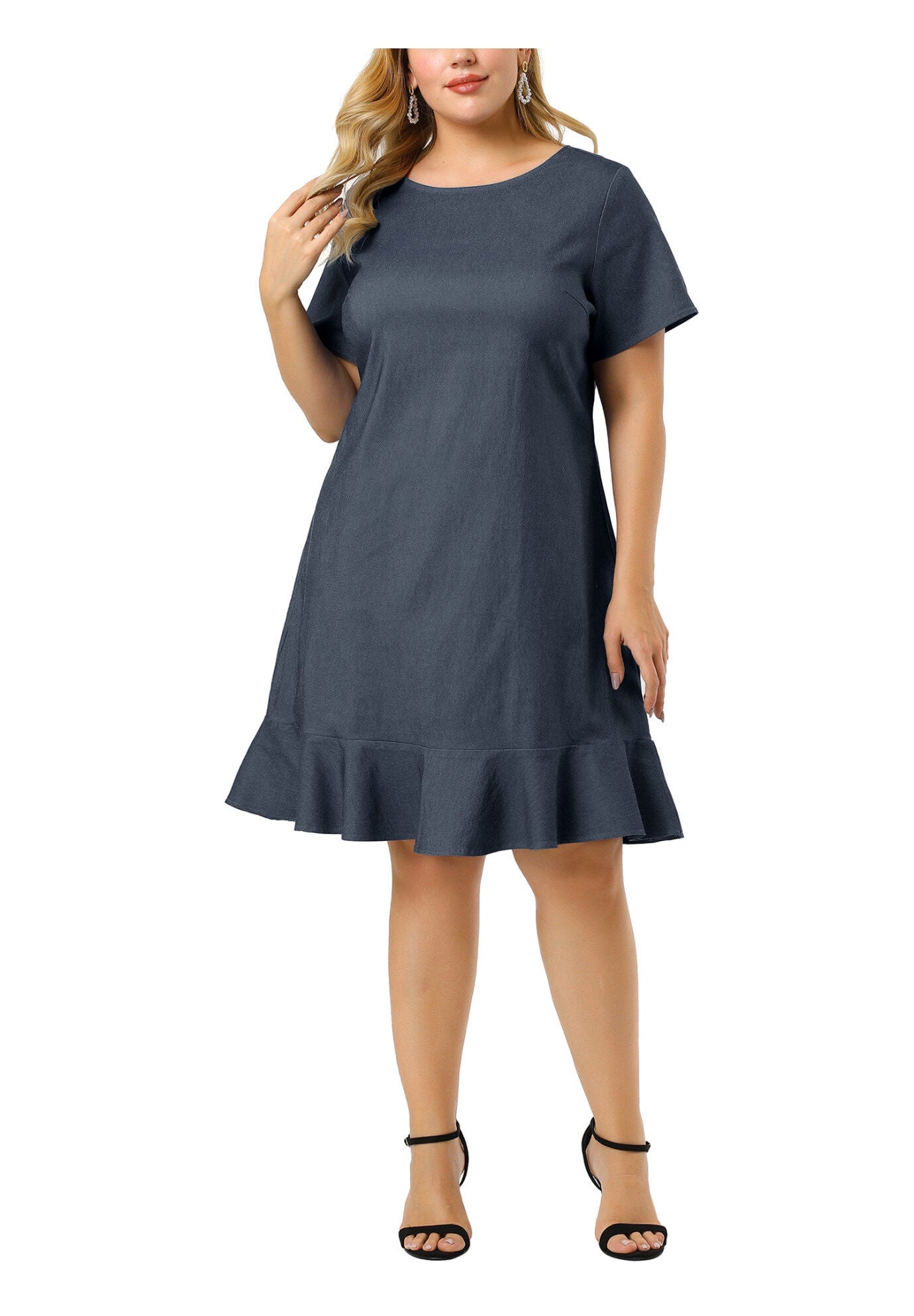 Ruffle Hem Casual Short Sleeve Chambray Dress, Dark Blue / Navy, alternate image number 2
