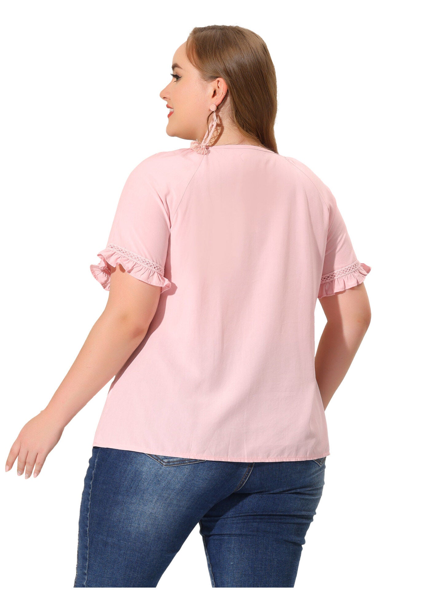 TIE NECK RUFFLE SHORT SLEEVE LACE CROCHET BLOUSE TOP, Pink / Pink, alternate image number 3