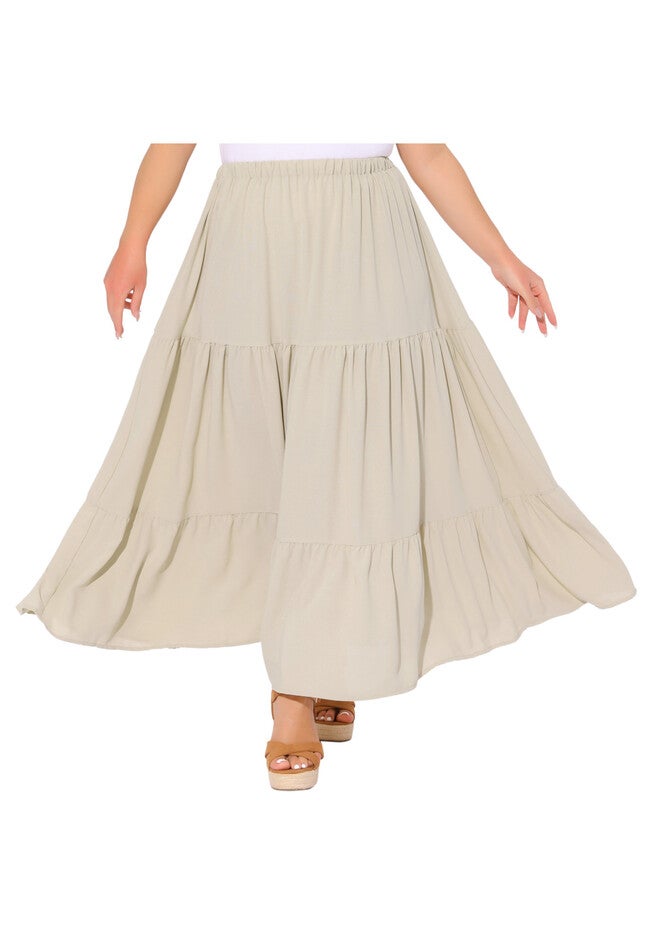 Elastic High Waist Boho Flowy A Line Long Swing Maxi Skirt, Beige / Beige, alternate image number null
