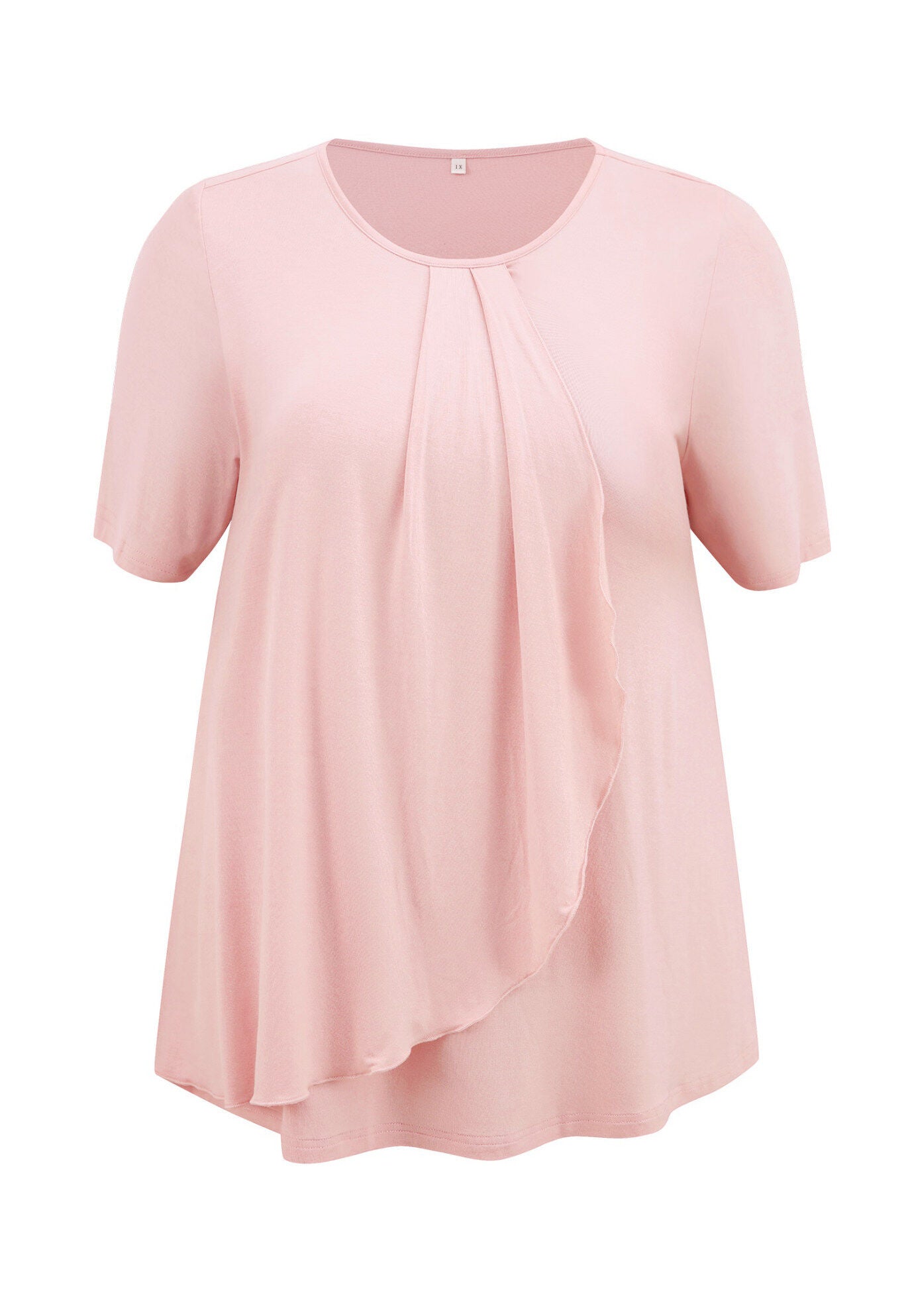 Short Sleeve Pleated Tulip Asymmetry Hem Overlaid Ruffle  Top, Pink / Pink, alternate image number 3