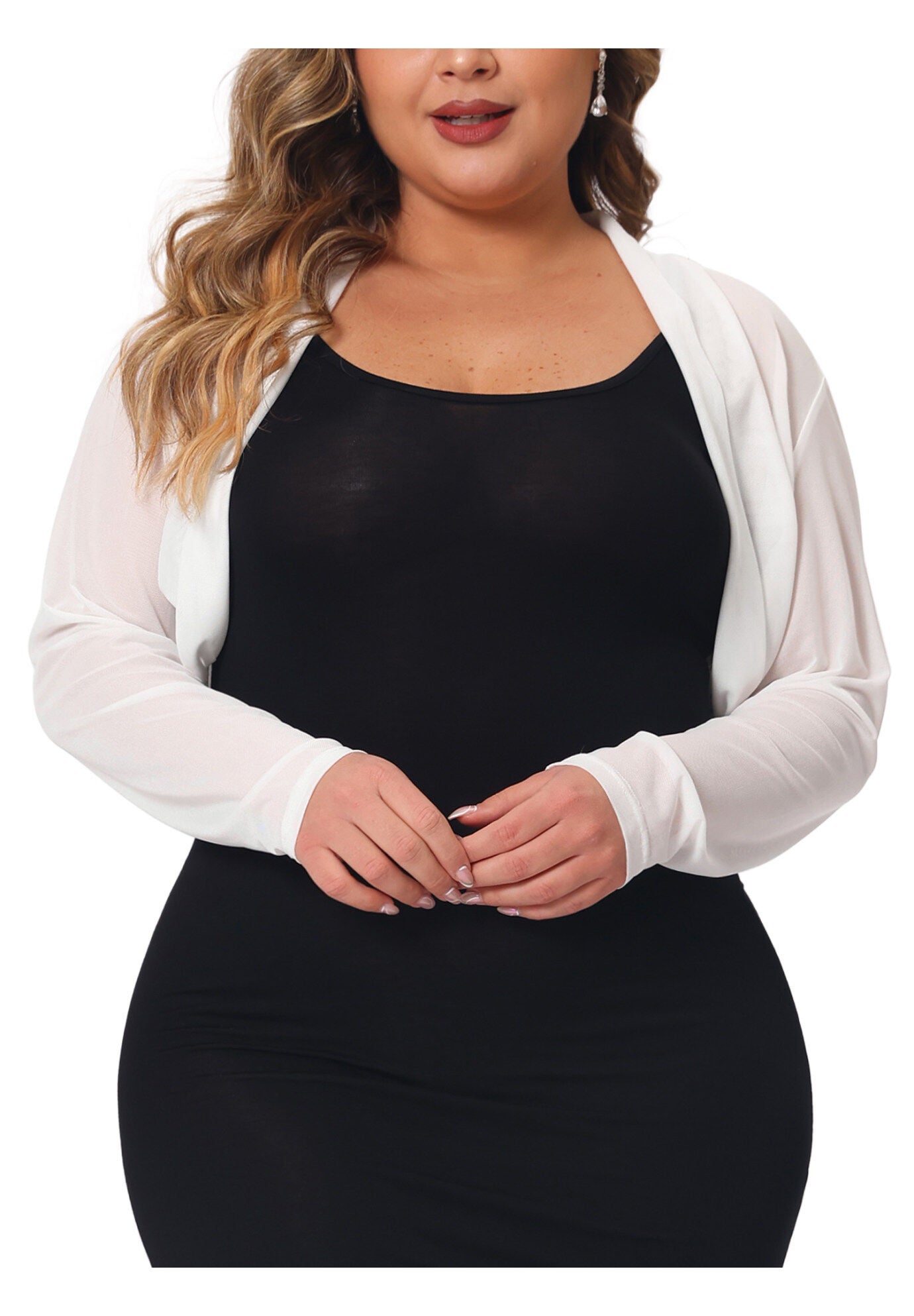 LONG SLEEVE SHEER BOLERO SHRUG MESH CROP CARDIGAN, White / White, alternate image number 2