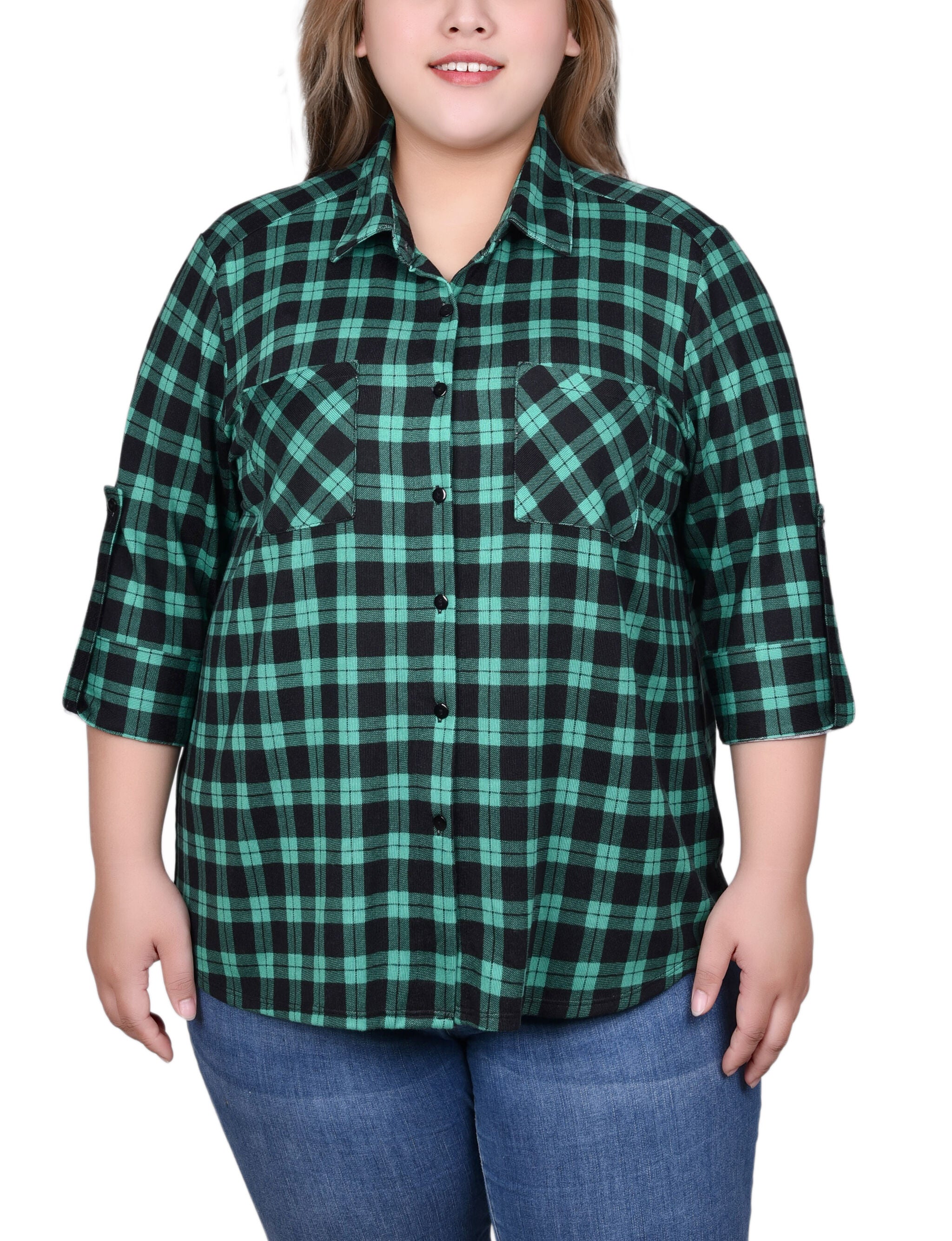 Long Sleeve Button Front Tunic Top, Green Black Plaid, hi-res image number 0