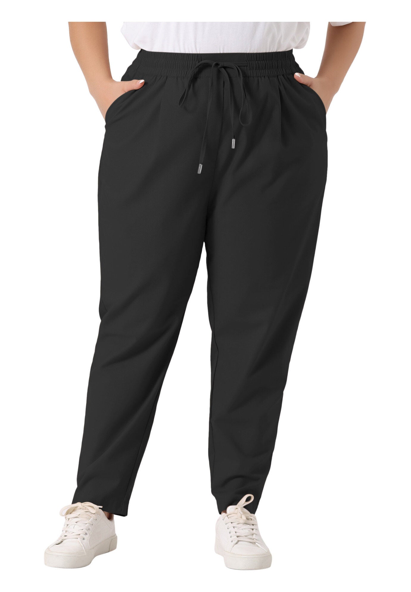 STRAIGHT LEG DRAWSTRING ELASTIC LOOSE TROUSERS, Black / Black, alternate image number 2