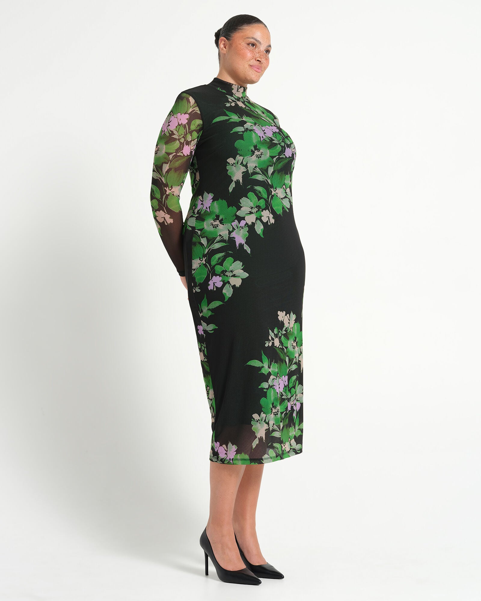 Fiora Printed Mesh Dress, Ivy Fleur / Forest Green, alternate image number 1