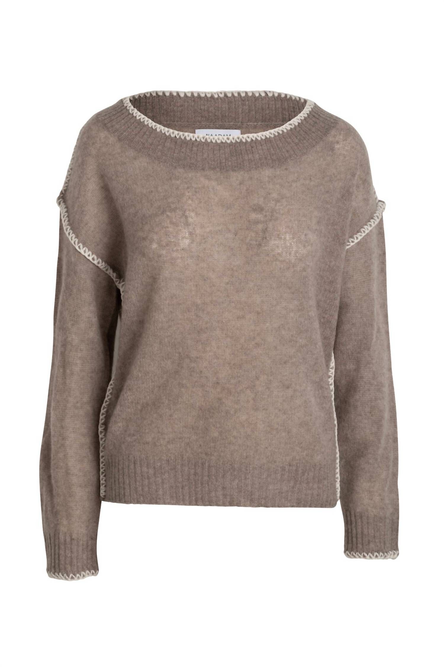 FEATHERWEIGHT CASHMERE EMBROIDERED CREWNECK SWEATER IN TIMBER, Timber / Brown, alternate image number 1